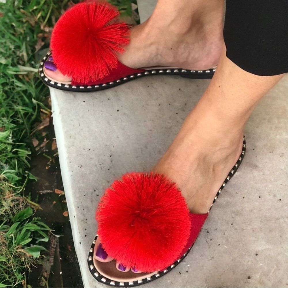 Party People! Summer Rio Red Pom Pom Poof Mule Padded Slide Sandals - Picture 9 of 9